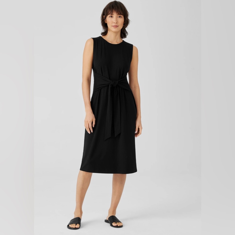 Eileen Fisher Black Stretch Jersey Knit Tie-Front Dress Tencel Sleeveles XL NEW